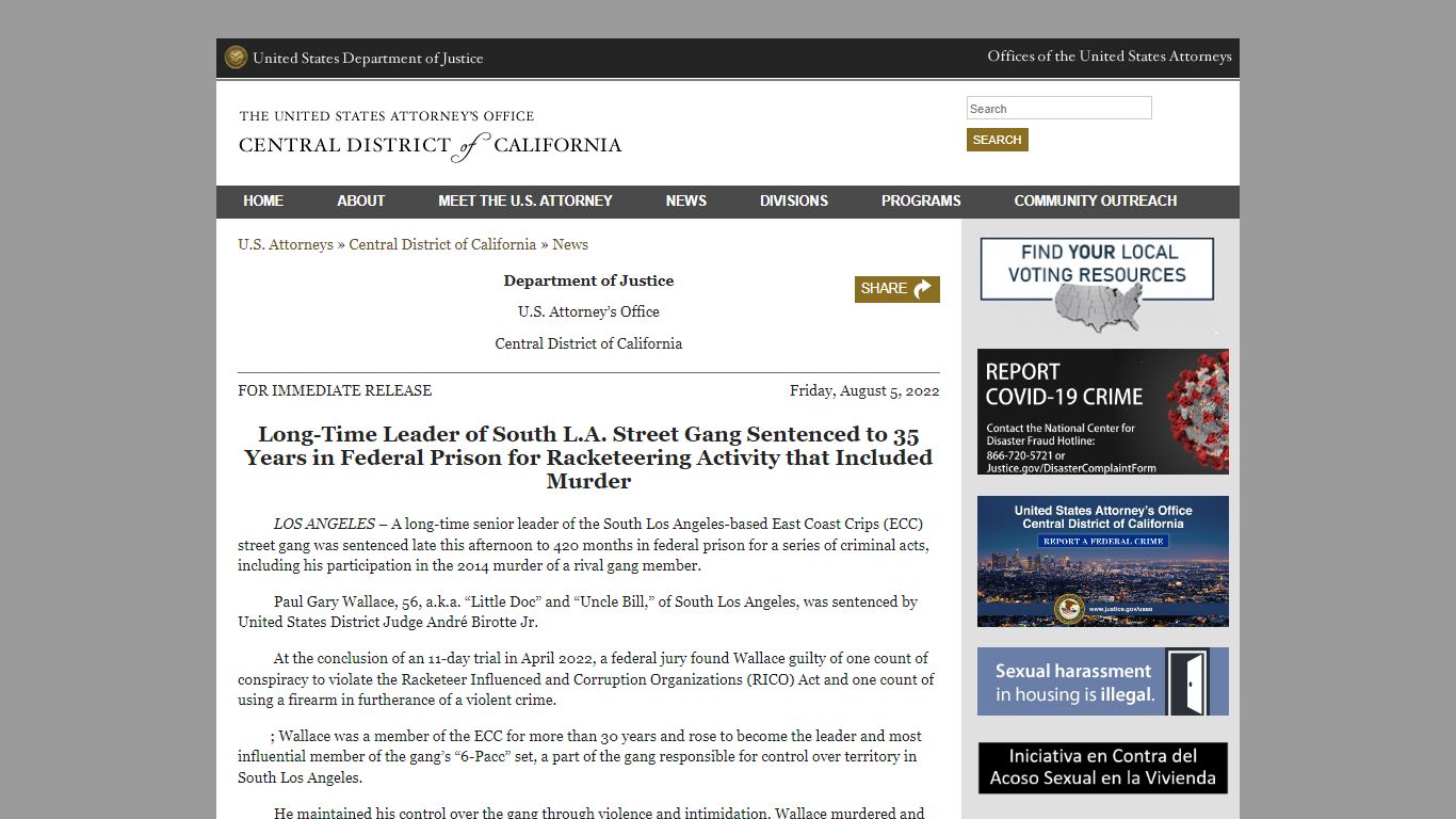 Long-Time Leader of South L.A. Street Gang Sentenced to 35 Years in ...